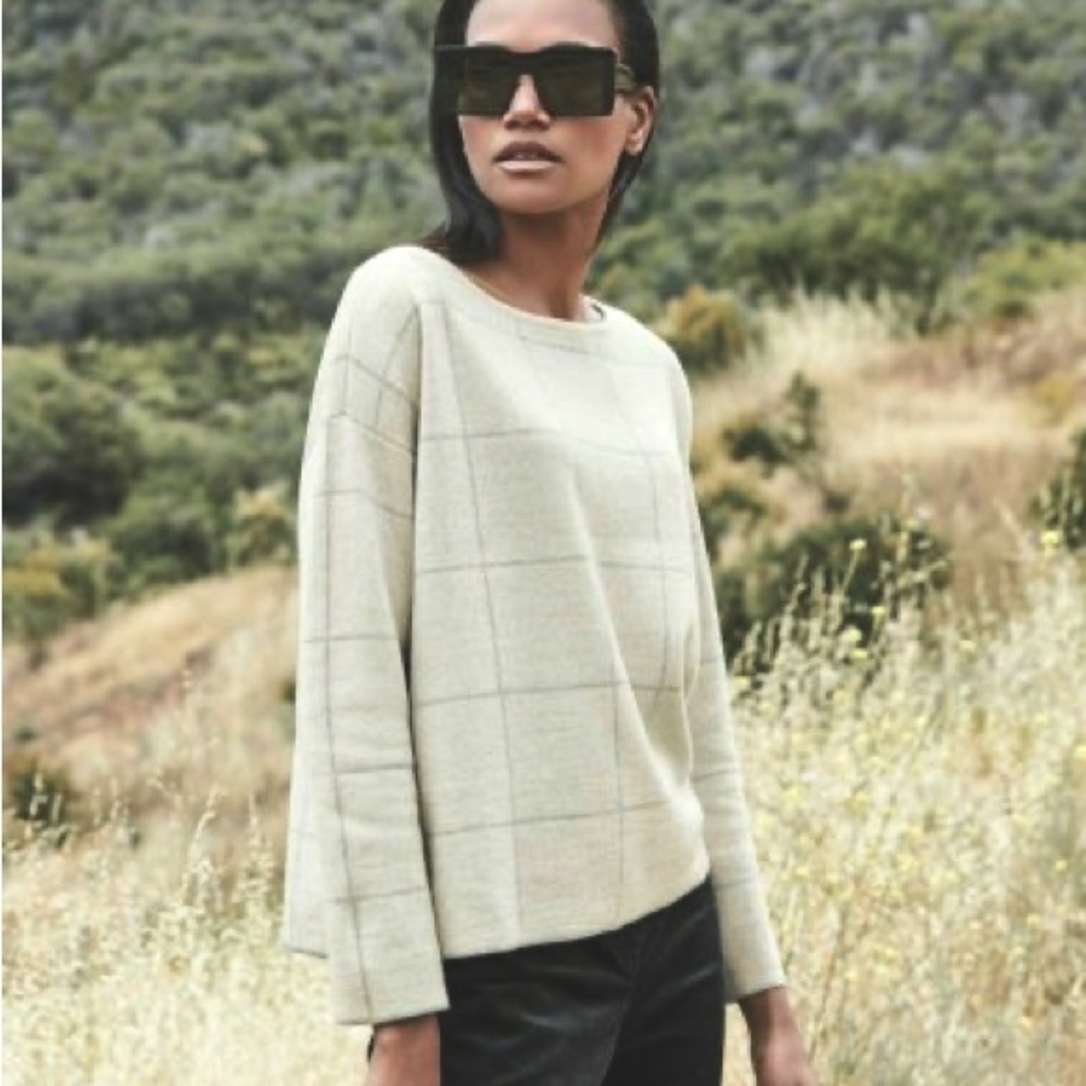 Eileen Fisher windowpane merino wool bateau neck sweater in cream/bone/gray